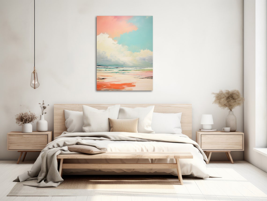 Dreamy Warm Peach Coral Abstract Beach With Teal Sky Modern Poster - Image 2