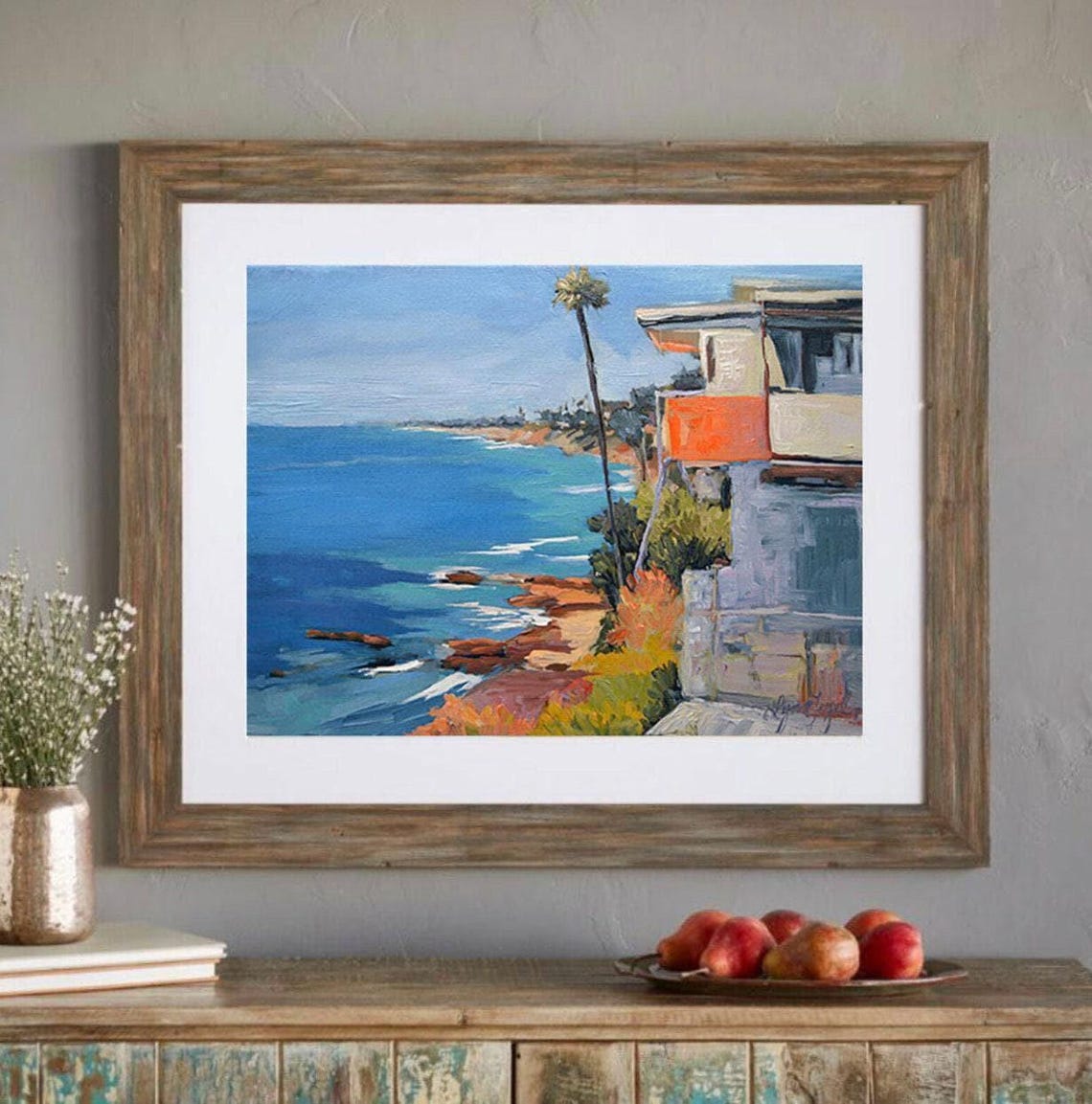 California Coast House Cliff Palm Tree Turquoise Ocean Poster - Image 4