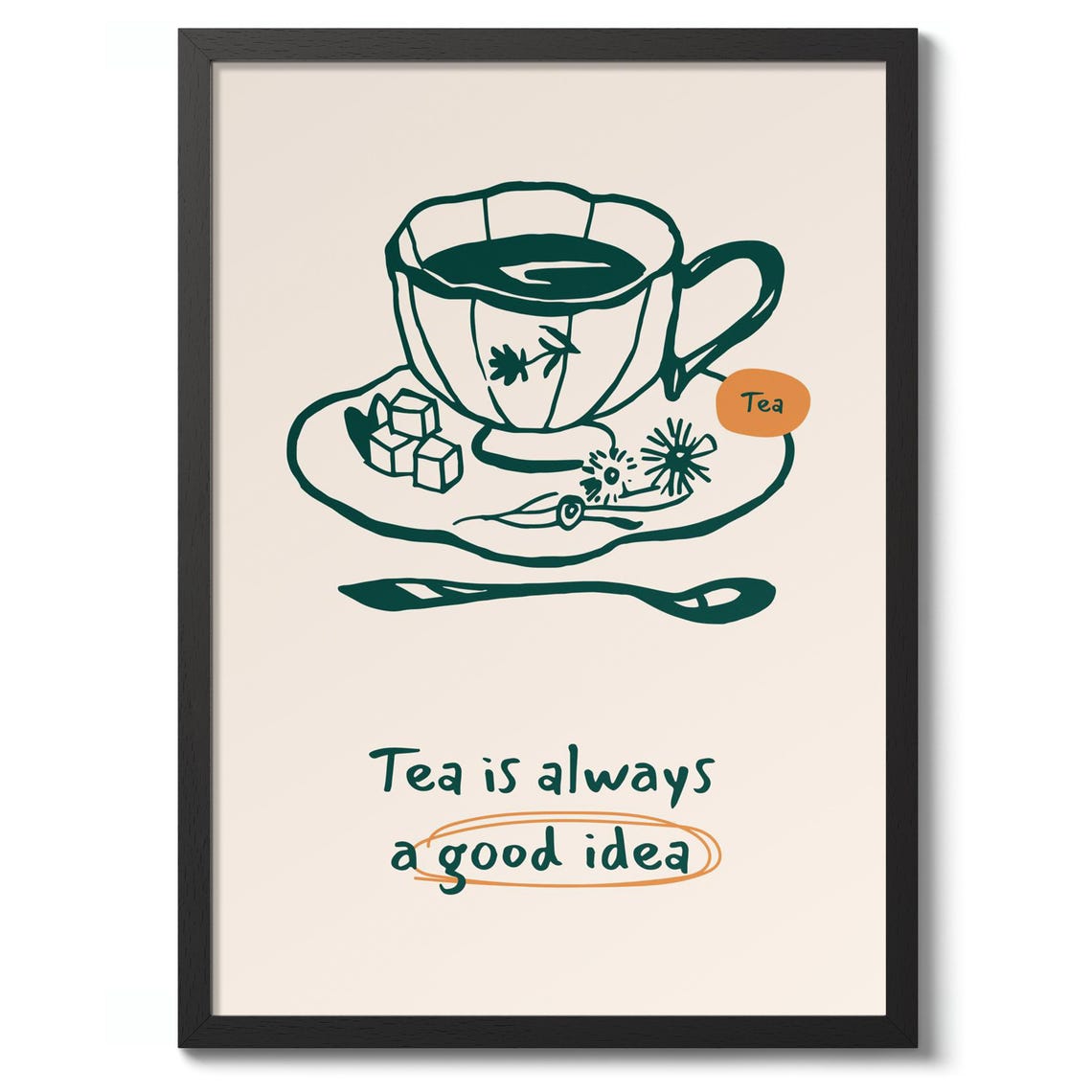 Tea Is Always A Good Idea Hand Drawn Teacup Kitchen Quote Poster