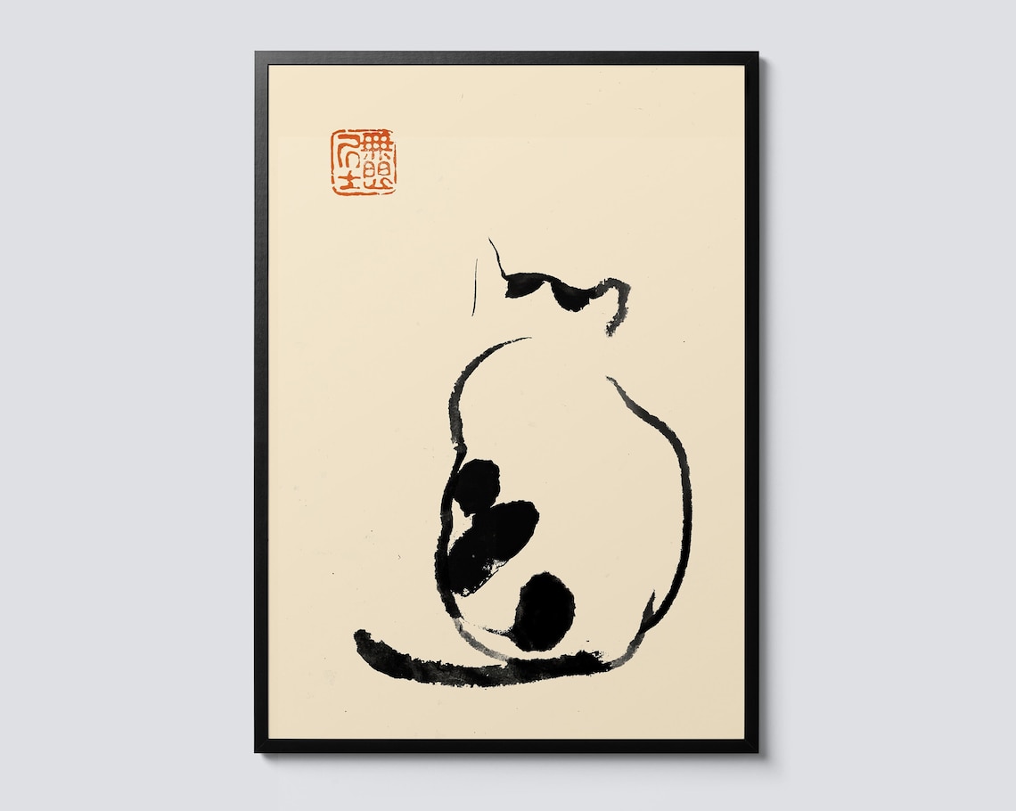 Japanese Minimalist Cat Wall Art, Sumi-E Style