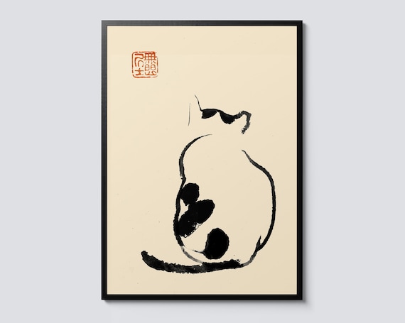 Japanese Minimalist Cat Wall Art, Sumi-E Style