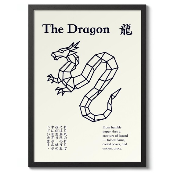 The Dragon Japanese Line Art Print Poster Wall Origami Decor Gift
