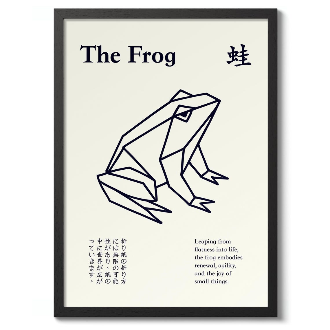 Japanese Geometric Frog Line Art Poster With Kanji Typography