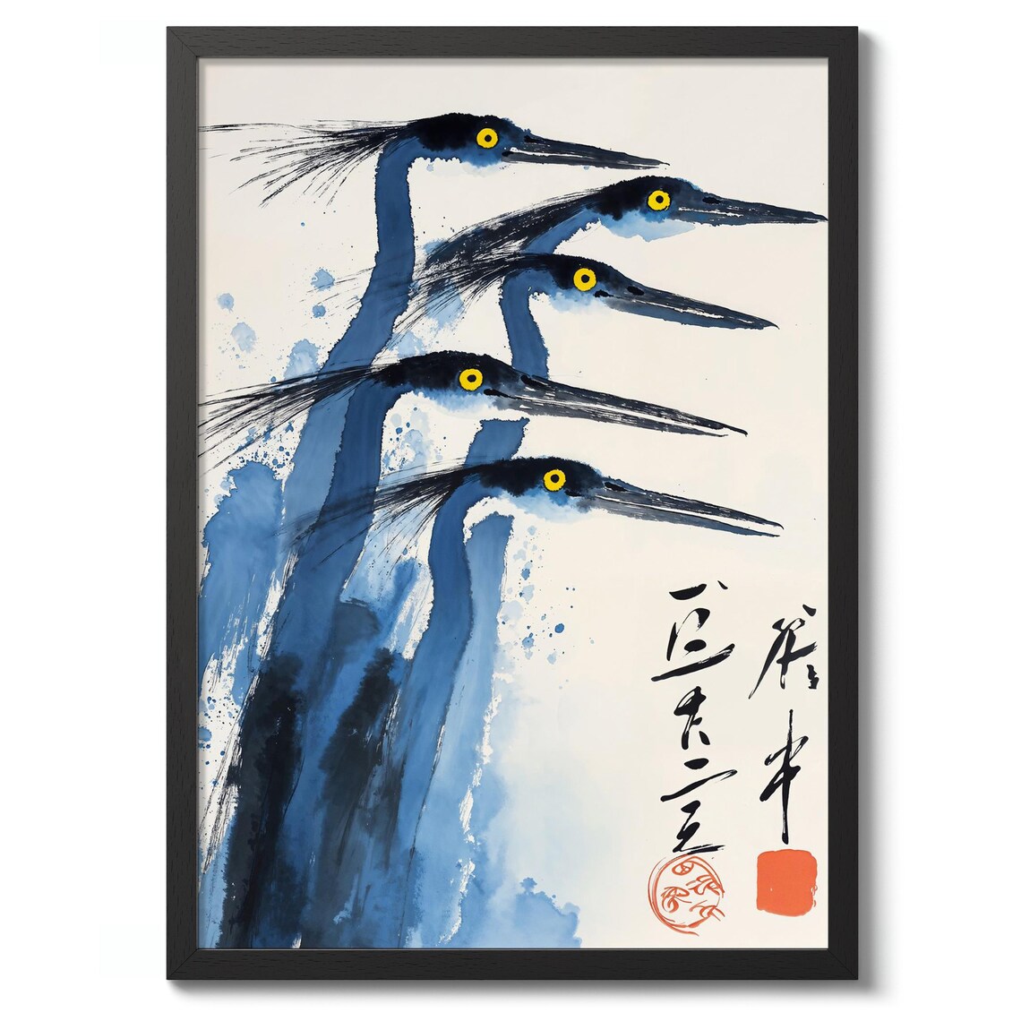 Matsumoto Hoji Cranes II Poster Blue Sumi-e Heron Ink Painting Art
