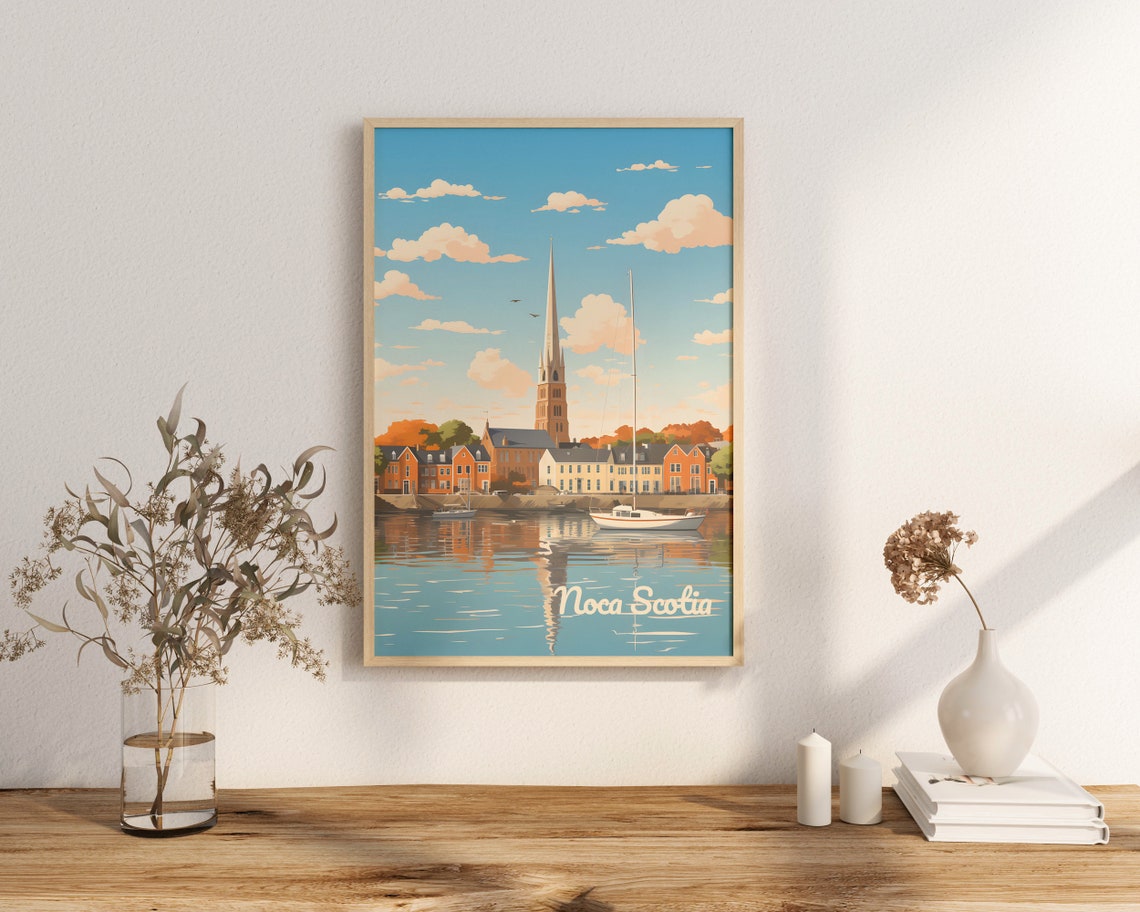 Nova Scotia Coastal Harbor Church Steeple Vintage Travel Poster