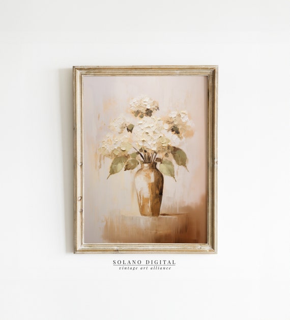 White Hydrangeas Muted Vintage Print Farmhouse Wall Decor Botanical Art Living Room