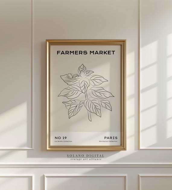 Farmers Market Botanical Leaf Line Art Paris Minimalist Wall Decor Modern Kitchen Herb Poster Print