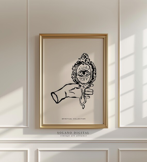 Mystical Eye Wall Art Spiritual Hand Mirror Line Drawing Esoteric For Witchy Decor Or Meditation Corners