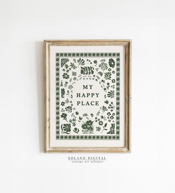 My Happy Place Wall Art Cozy Home Decor Typography Trendy For Minimalist Living Room Cottage Kitchen Forest Green
