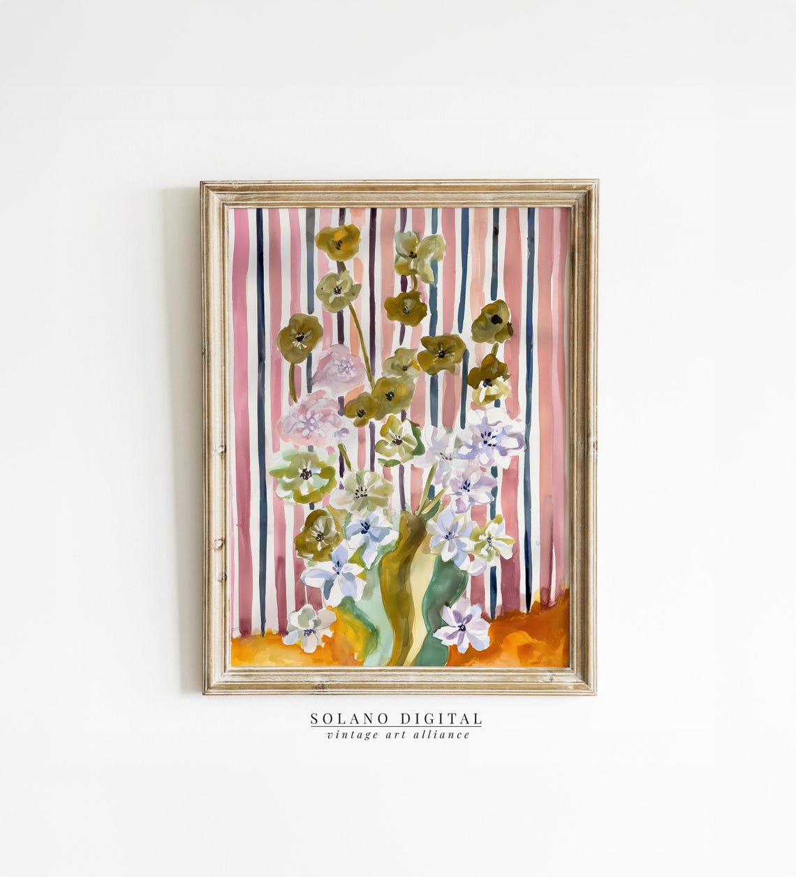 Mixed Wildflowers Watercolor Bouquet on Pink Stripes Floral Art Print
