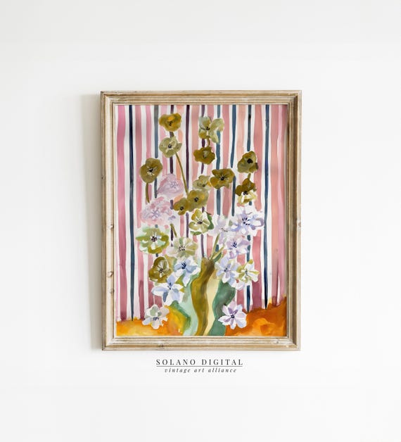 Striped Floral Art Modern Botanical Prints Pastel Flower Watercolor Botanicals Grandmillennial Home Decor