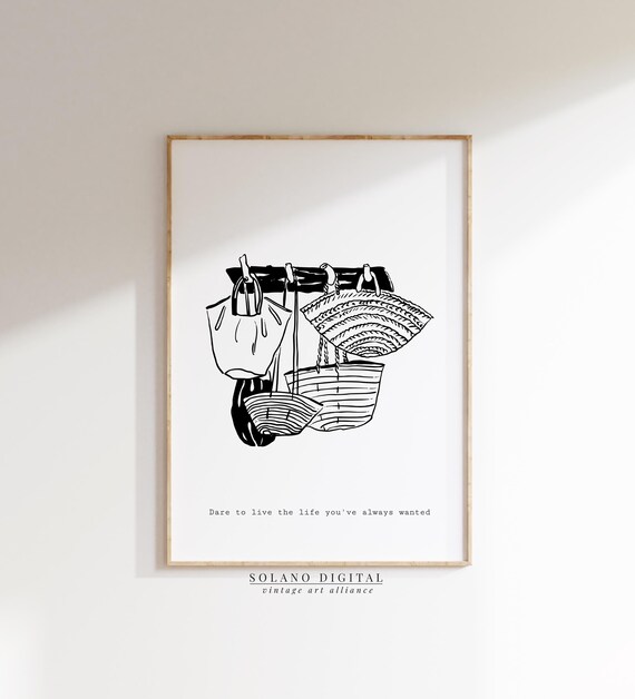 Boho Market Bag Line Art French Coastal Wall Minimalist Summer Decor Black White Beach Tote Illustration