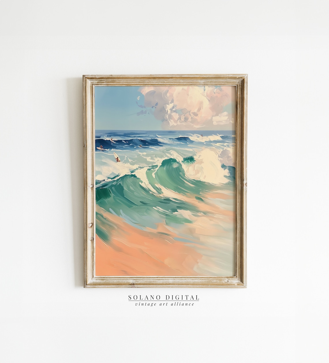 Surfers Riding Big Ocean Waves Pastel Beach Painting Art Poster