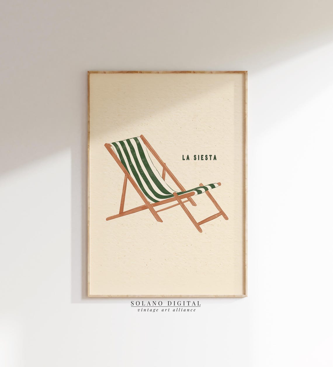 La Siesta Green Striped Deck Chair Minimalist Coastal Art Poster