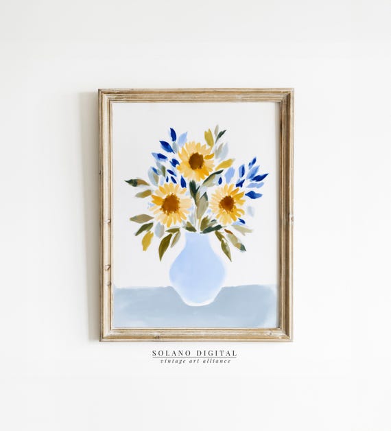Modern Southern Floral Art Feminine Botanical Decor Wall Pastel Blue Yellow