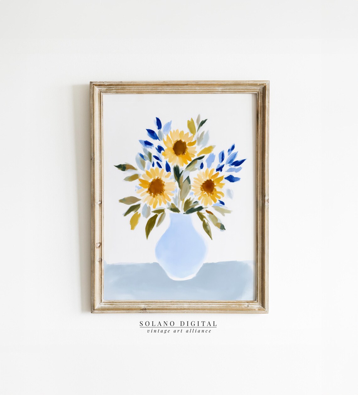 Sunflower Trio With Blue Foliage Watercolor Still Life Art Poster
