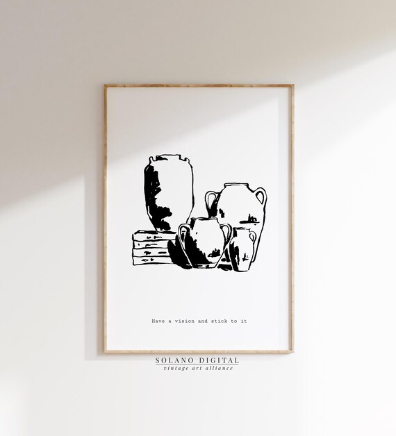 Minimalist Vase Art Modern Black Line Drawing With Motivational Quote Neutral Kitchen Or Entryway