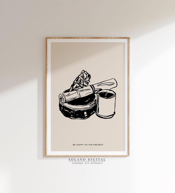Mindfulness Wall Art Sage Bundle Candle Line Drawing Spiritual Boho With Quote For Meditation Or Zen Decor
