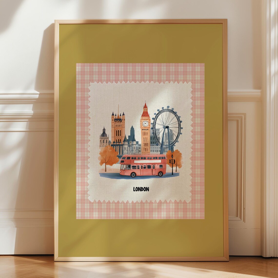 London Retro Travel Illustration Big Ben Red Bus Gingham Style Poster