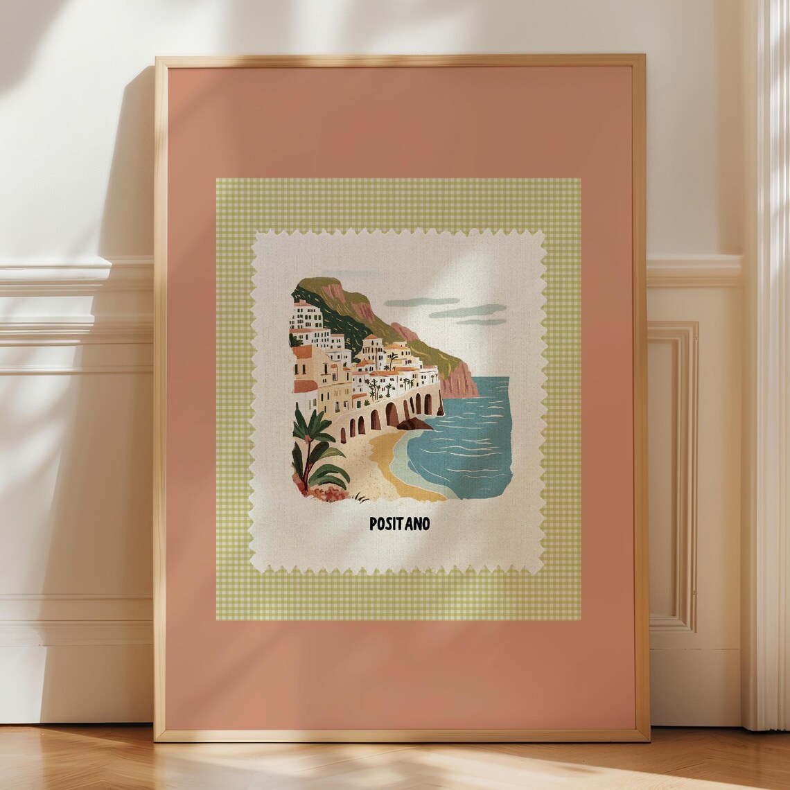 Positano Italy Amalfi Coast Village Stamp Style Retro Framed Poster