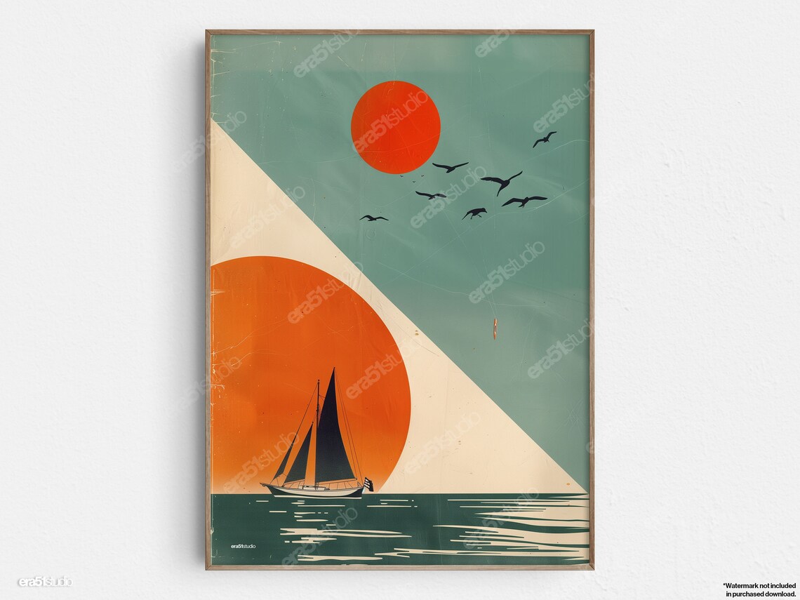 Stylized Sailboat Serenity, Midcentury Modern Art Print