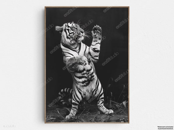 Vintage Tiger In Black And White Original Midcentury Modern Minimalist Wall Art
