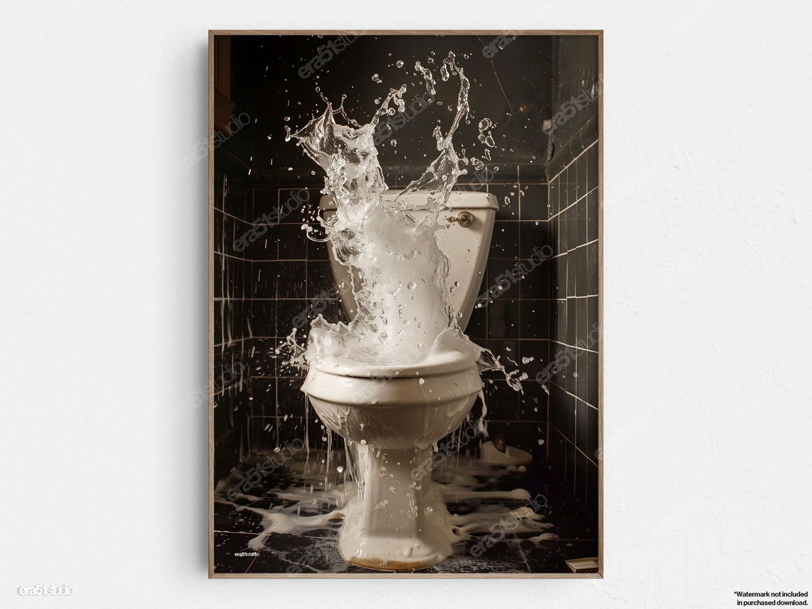 Exploding Toilet Water Splash Surreal Black Tile Bathroom Poster
