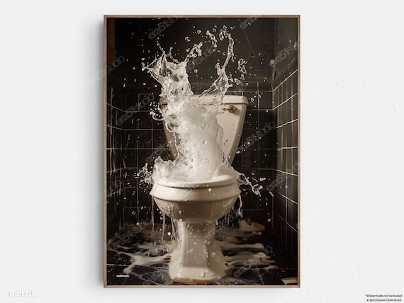 Exploding Toilet Water Splash Surreal Black Tile Bathroom Poster