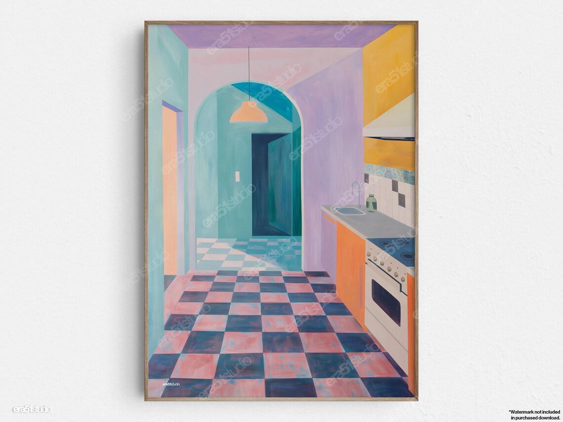 Serene Pastel Kitchen Geometry, Mid-Century Art Print