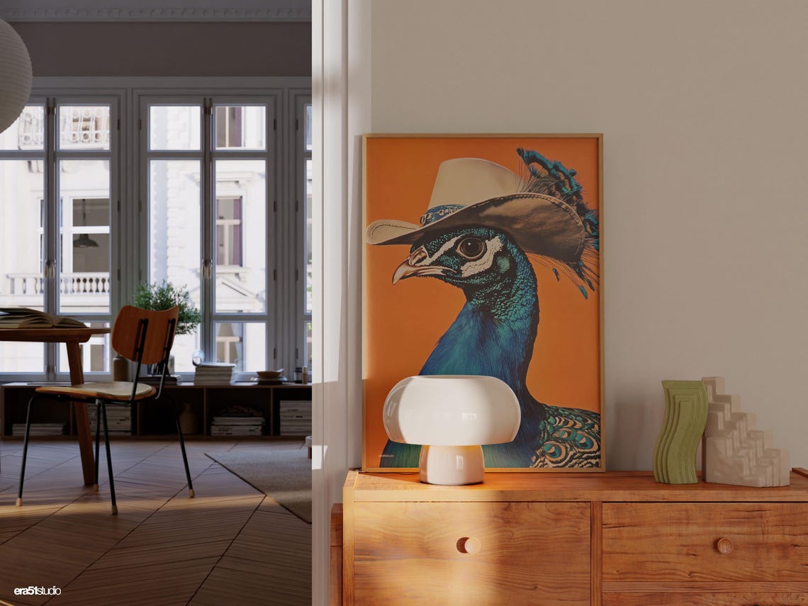Quirky Peacock Wearing Cowboy Hat On Vibrant Orange Background Poster - Image 3