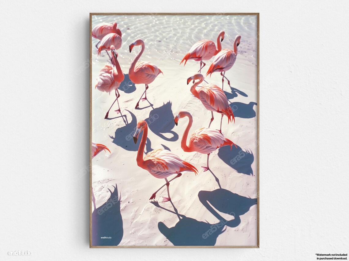 Flamingos Beach Shadows, Mid-Century Minimalist Art Print