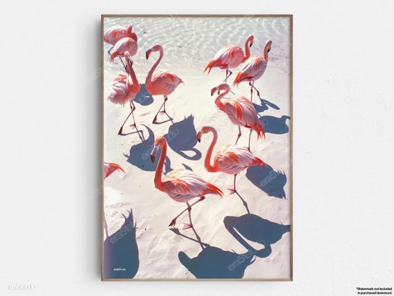 Flamingos Beach Shadows, Mid-Century Minimalist Art Print