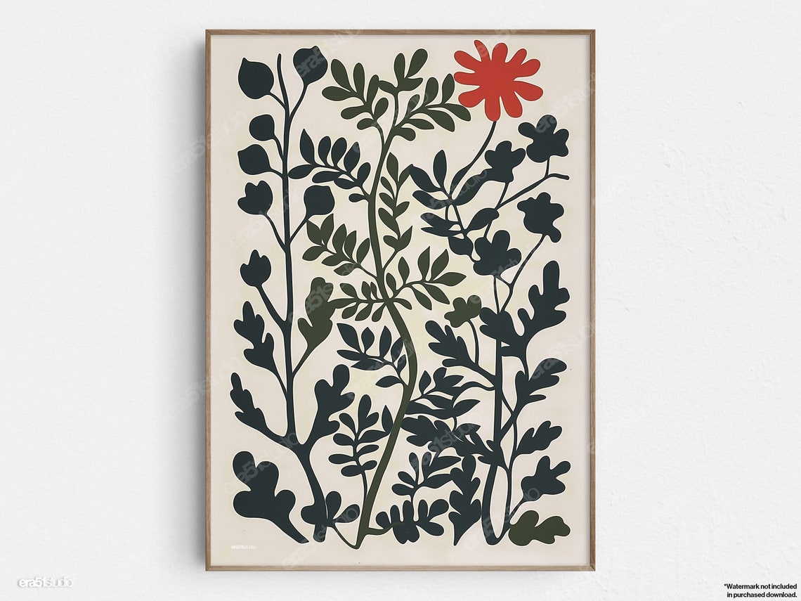 Green Floral Silhouette with Red Flower Botanical Paper Cut Poster
