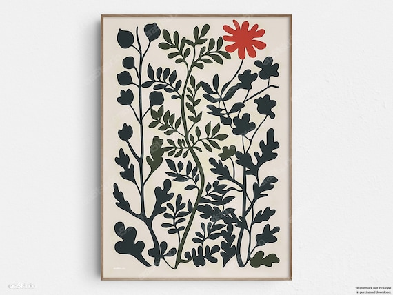 Green Floral Silhouette with Red Flower Botanical Paper Cut Poster