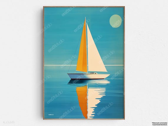 Minimalist Sailboat Art Print, Mid-Century Modern