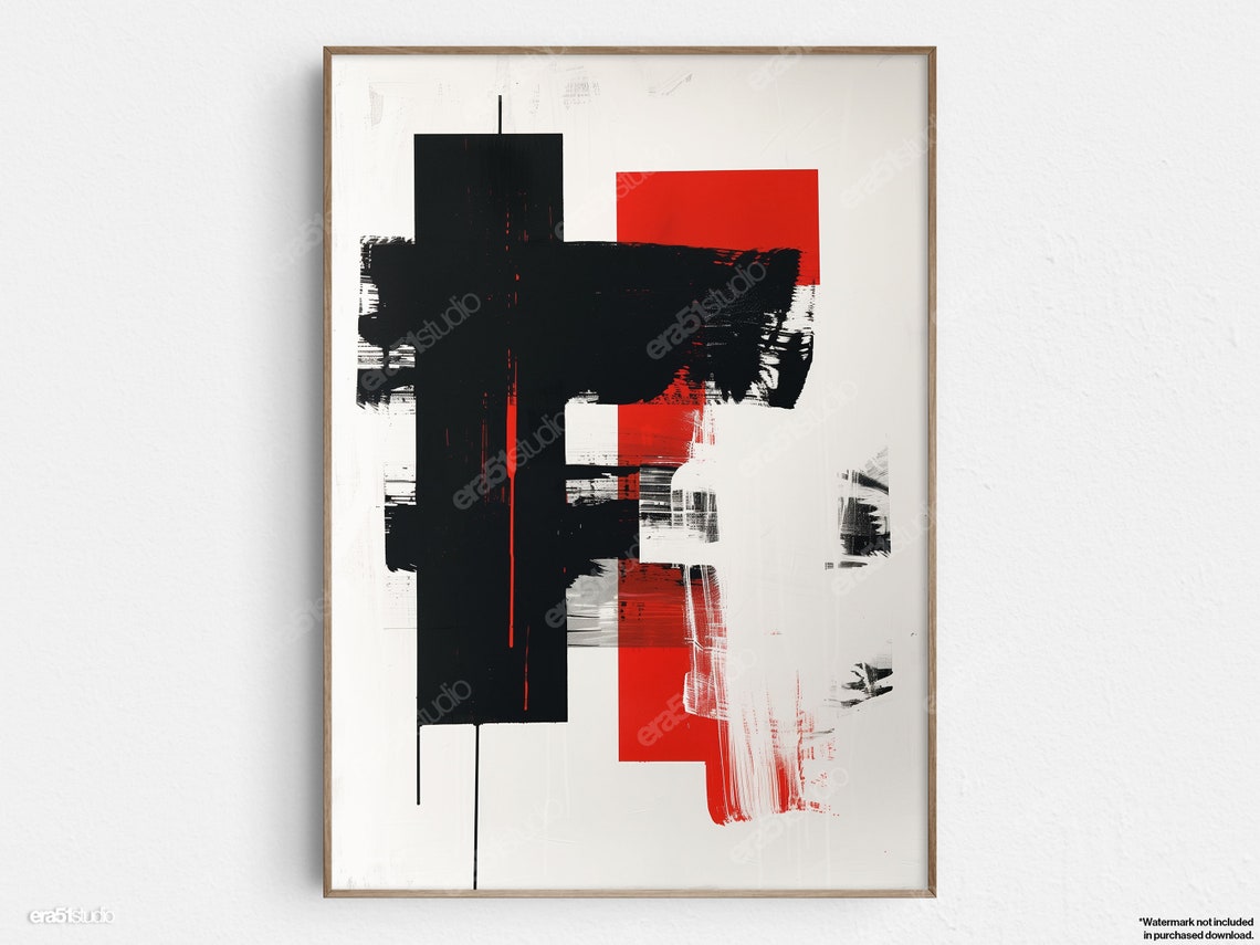 Abstract Red And Black Intersection Painting Original Midcentury Modern Minimalist Wall Art