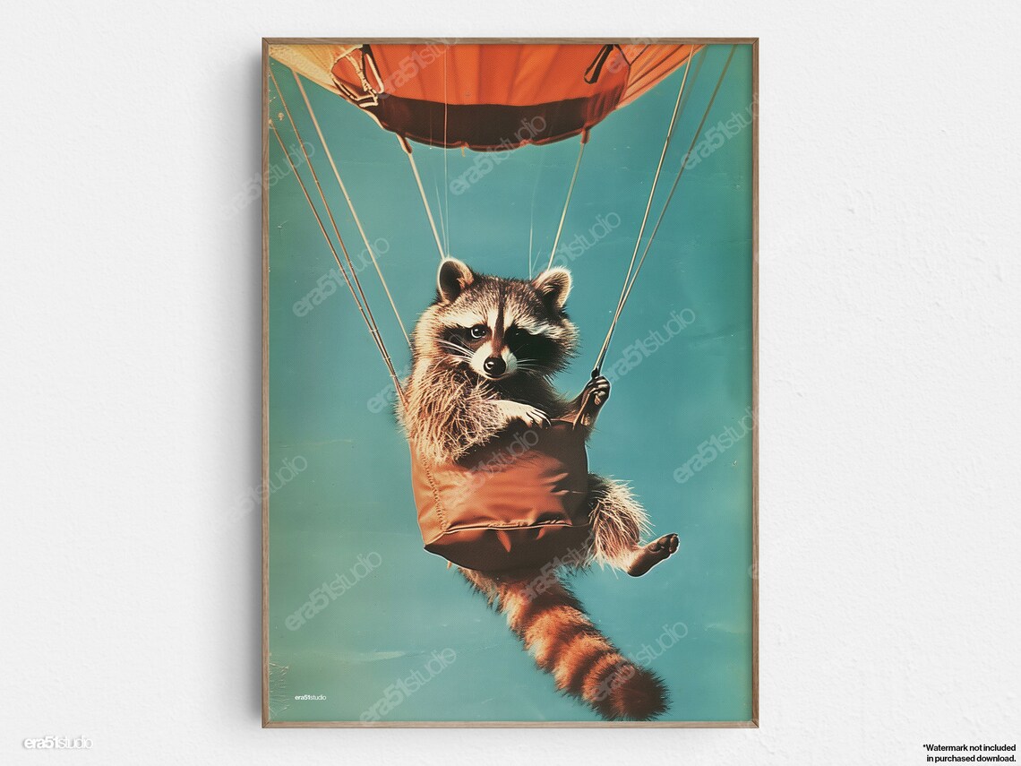 Hot Air Balloon Raccoon Adventurer Mid-Century Poster