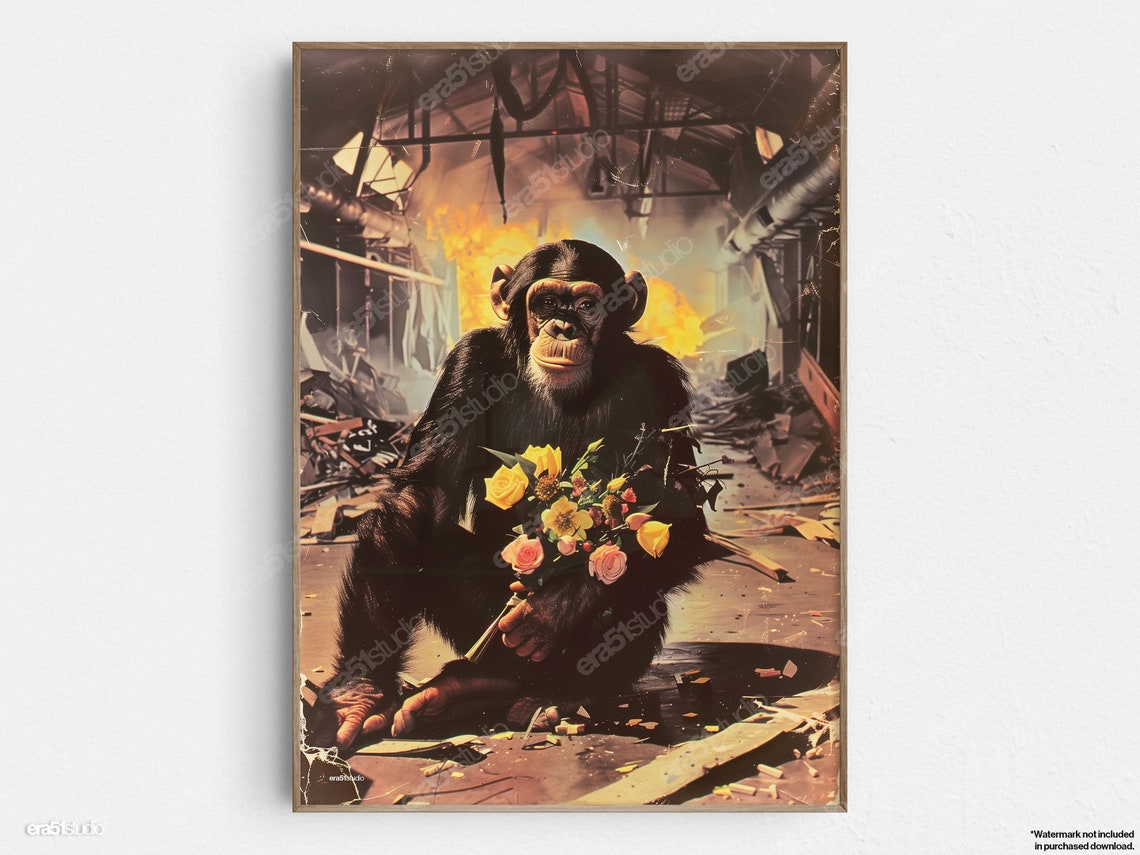 Chimpanzee Holding Flowers Amid Chaos Dramatic Cinematic Style Poster