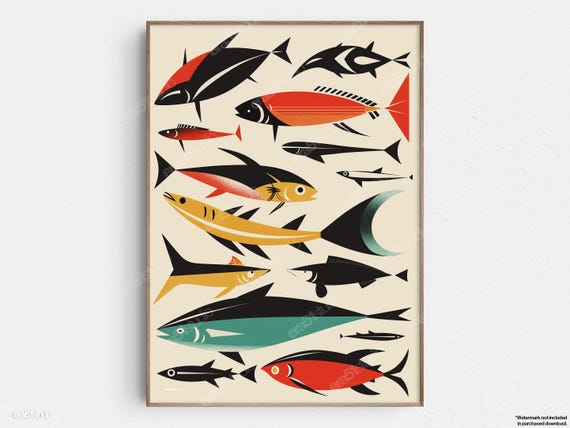Vibrant Fish Collection Original Midcentury Modern Minimalist Wall Art