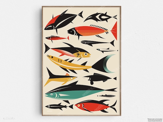 Vibrant Midcentury Fish Collection Colorful Abstract Marine Poster