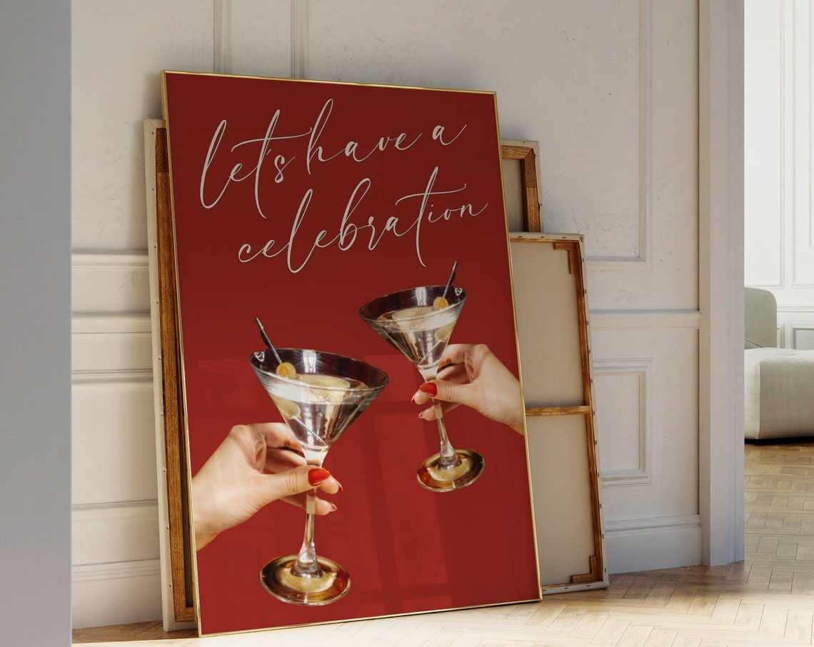 Lets Have a Celebration Martini Party Quote Red Bar Wall Art - Image 4