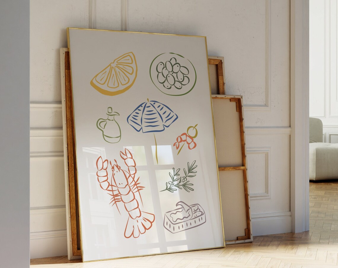Mediterranean Food Fine Line Art Lemon Lobster Olive Kitchen Poster - Image 4