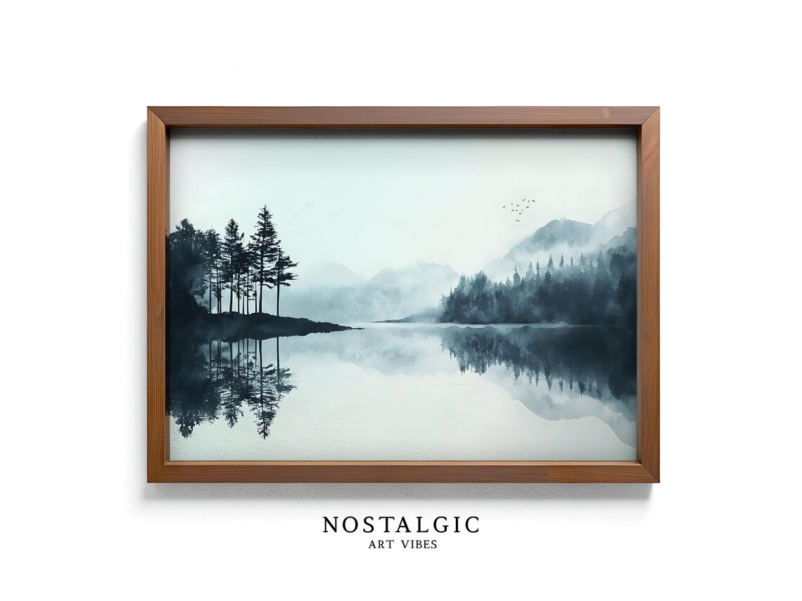Misty Forest Lake Vintage Landscape, Mountain Reflection