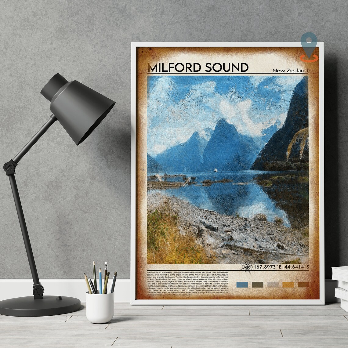Milford Sound New Zealand Mitre Peak Fjord Painting Art Print - Image 4