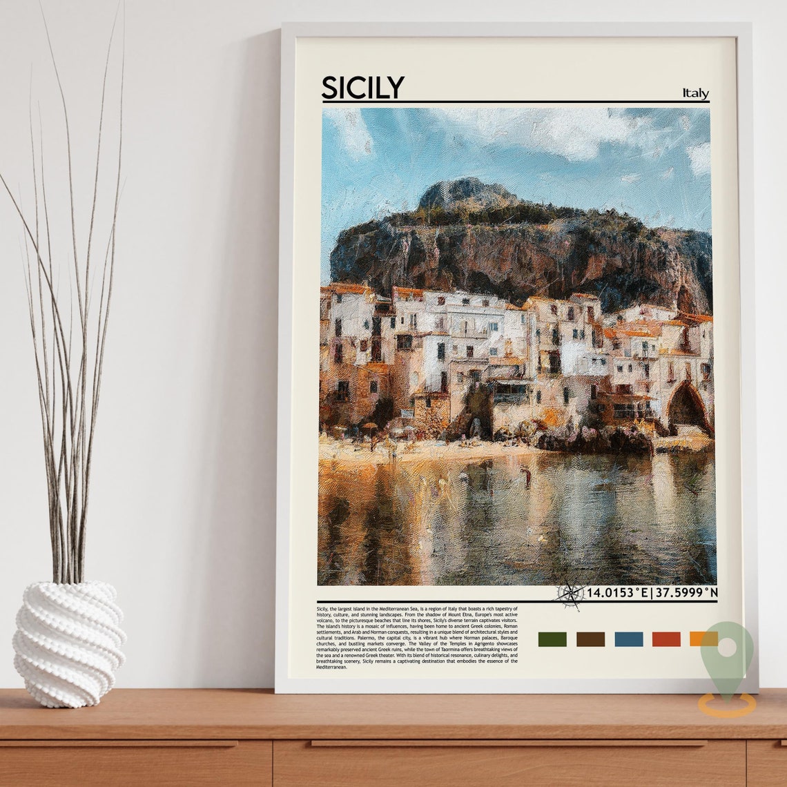 Sicily Italy Charming Seaside Village Rocky Cliff Painterly Poster - Image 3