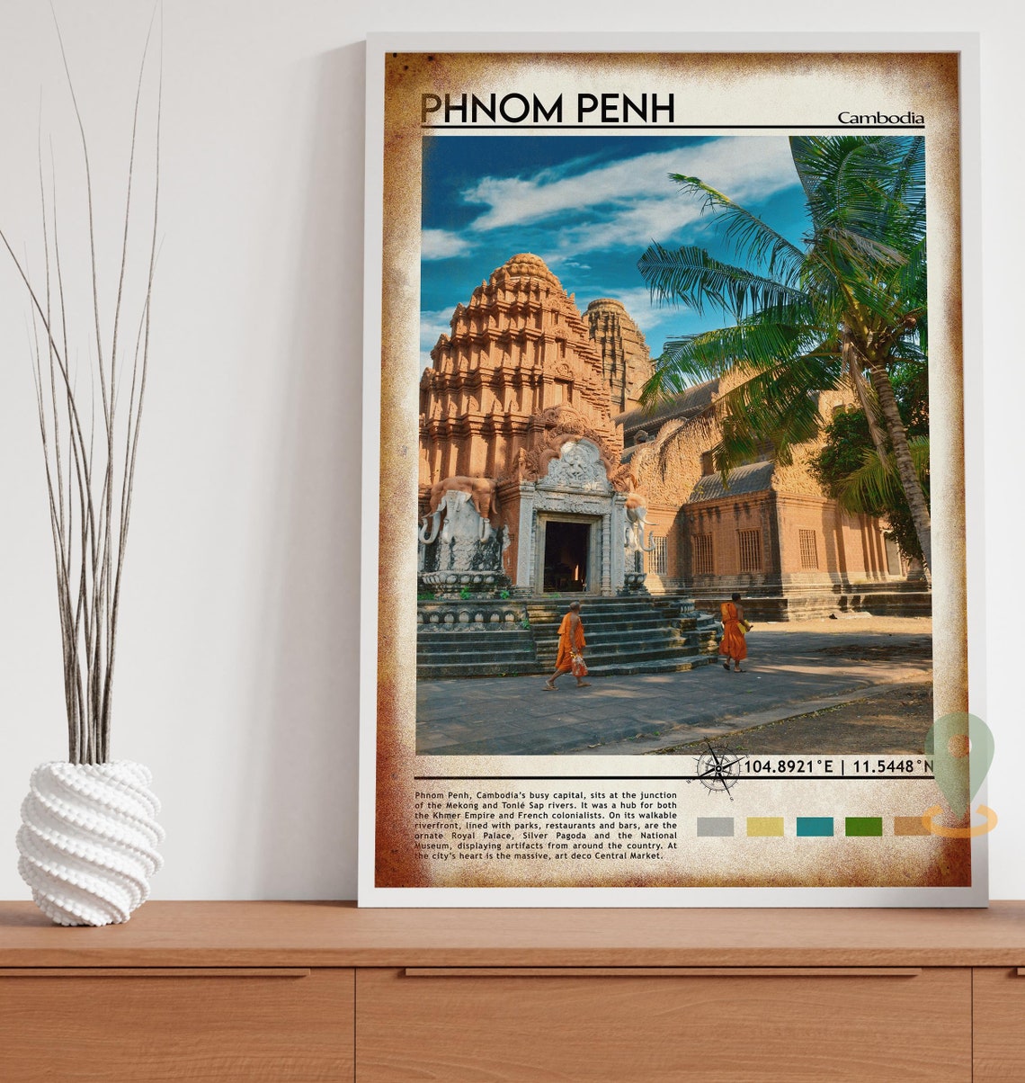 Phnom Penh Cambodia Temple Palm Trees Monks Heritage Travel Poster - Image 4
