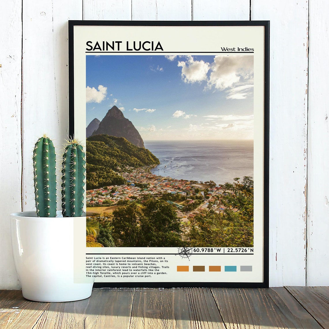 Saint Lucia West Indies Pitons Peaks Town View Travel Poster - Image 3
