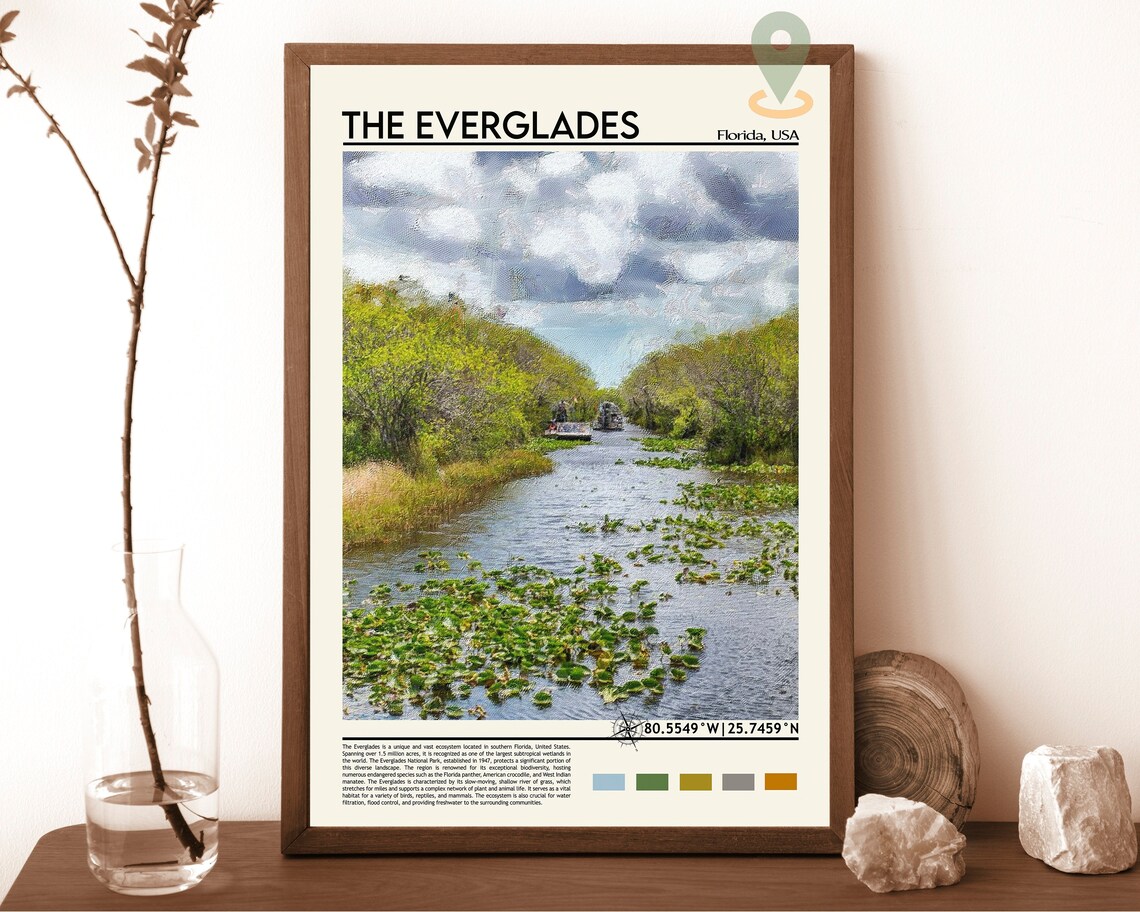 The Everglades Florida Airboat Wetlands Oil Painting Travel Poster