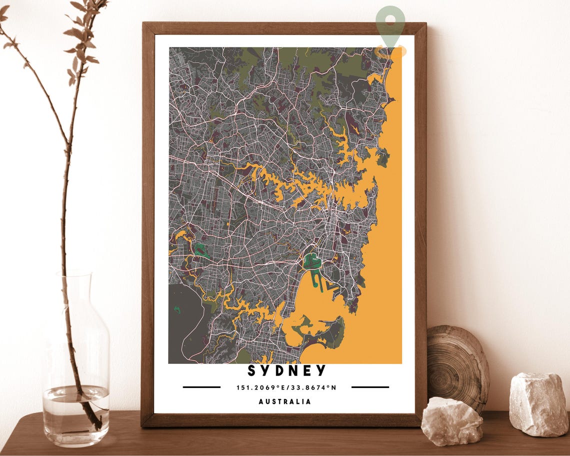 Sydney Australia City Map Art Poster Teal Yellow Modern Decor - Image 3
