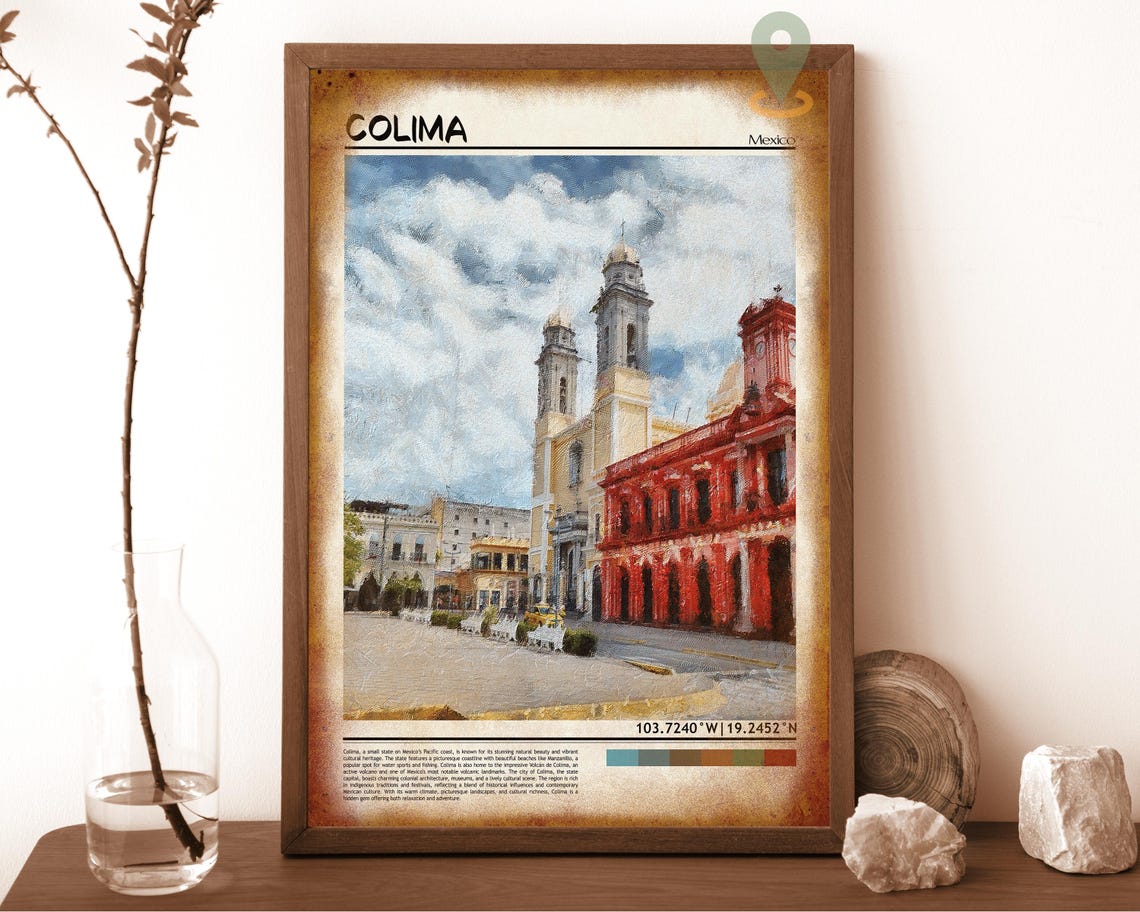 Colima Mexico Cathedral Colonial Plaza Painted Travel Poster - Image 6